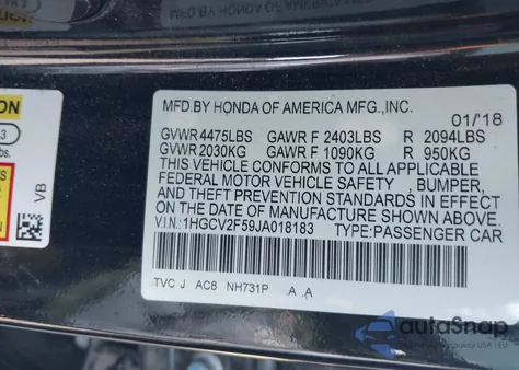 2018 Honda Accord Ex-L 2.0T z USA, uszkodzony, nr VIN 1HGCV2F59JA018183